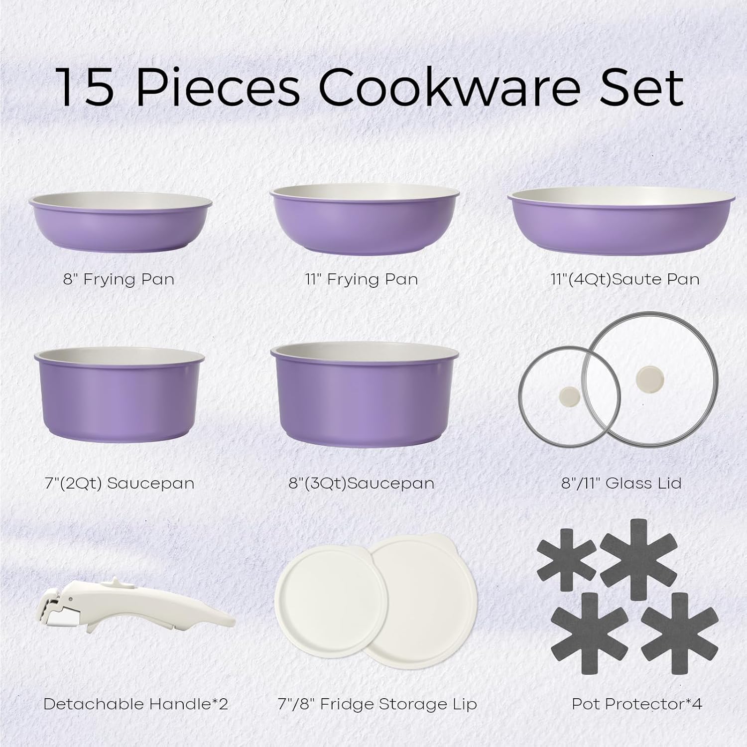 15Pcs Pots and Pans Set Non Stick, Cookware Sets with Detachable Handle, Nonstick RV Kitchen Cooking Tools Removable Handles, Oven Safe, Induction Fast, Stackable Induction Cookware, Purple - Image 7