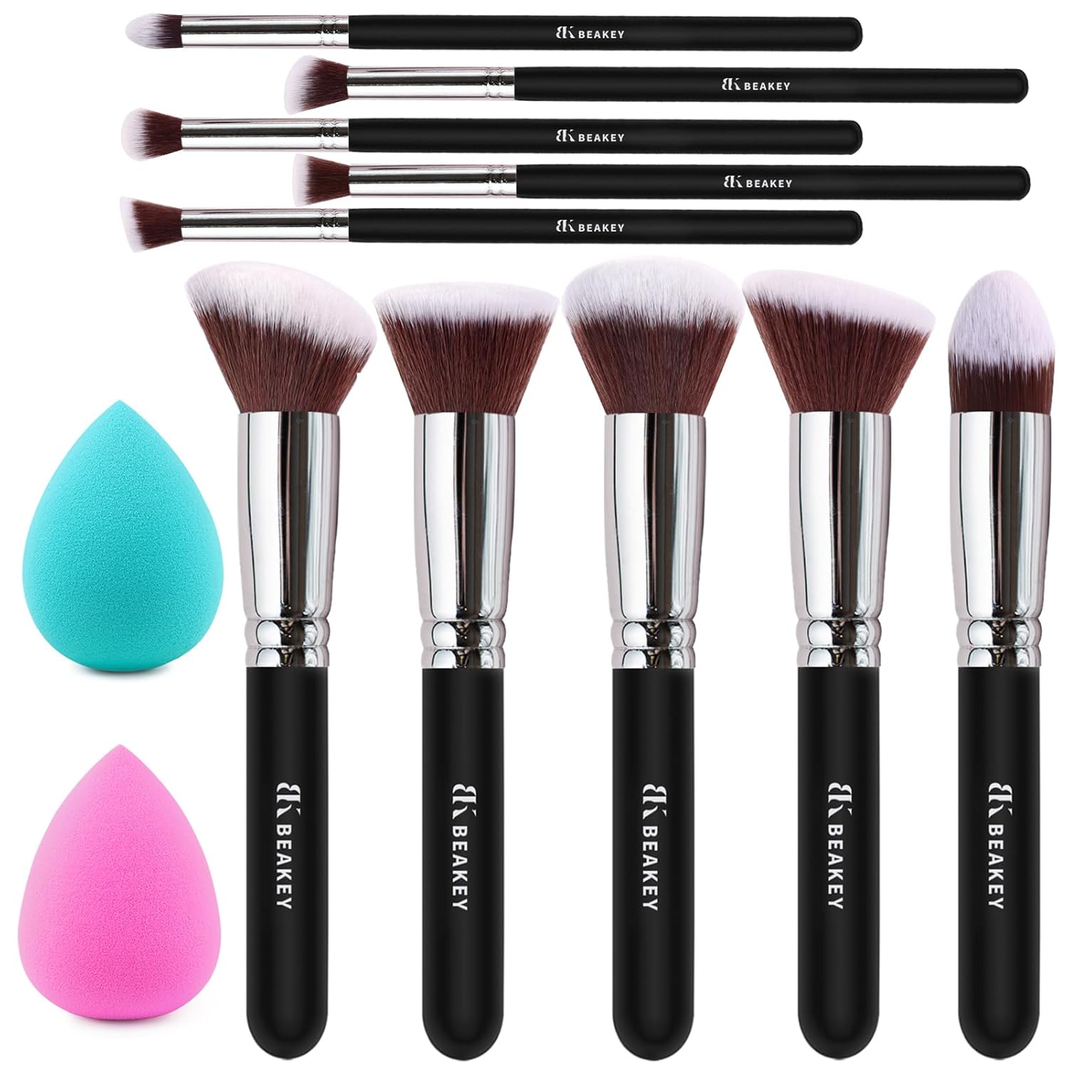 BEAKEY Professional Makeup Brush Set, Ultimate Glamour Make up Brushes for Eye and Face, Foundation, Eyeshadow, Eye Shadow, Concealer, with 2 Blender Sponge for Flawless Application