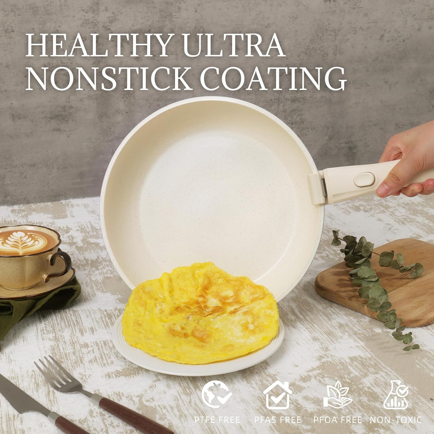Ceramic Cookware Set Non Stick 8Pcs Pots and Pans Set Detachable Handle Induction Kitchen Cooking Set with Frying Pans Oven Dishwasher Safe, PFAS/PFOA Free, Cream White - Image 7