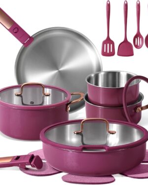 CAROTE 19pcs Tri-Ply Stainless Steel Cookware Set with Detachable Handle, Pots and Pans Set, Induction Kitchen Cooking Sets, RV/Camping Cookware, Outer Ceramic Layer, Oven Safe, Violet Purple