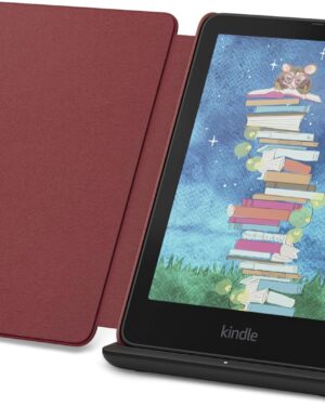 Introducing Amazon Kindle Colorsoft Signature Edition Essentials Bundle including Kindle Colorsoft Signature Edition (32GB)- Black, Premium Leather Cover-Ruby and Wireless Charging Dock