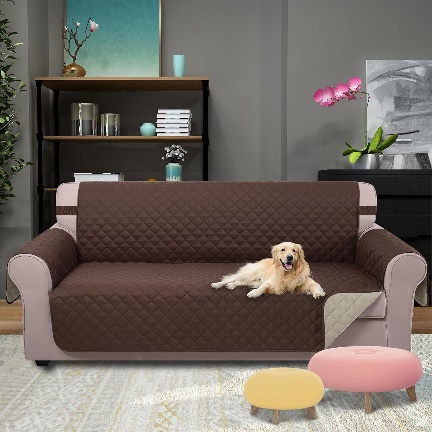 U-NICE HOME Reversible Sofa Cover Couch Cover for Dogs with Elastic Straps Water Repellent Furniture Protector for Pets Couch Cover for 3 Cushion Couch (Sofa, Coffee/Beige) - Image 6