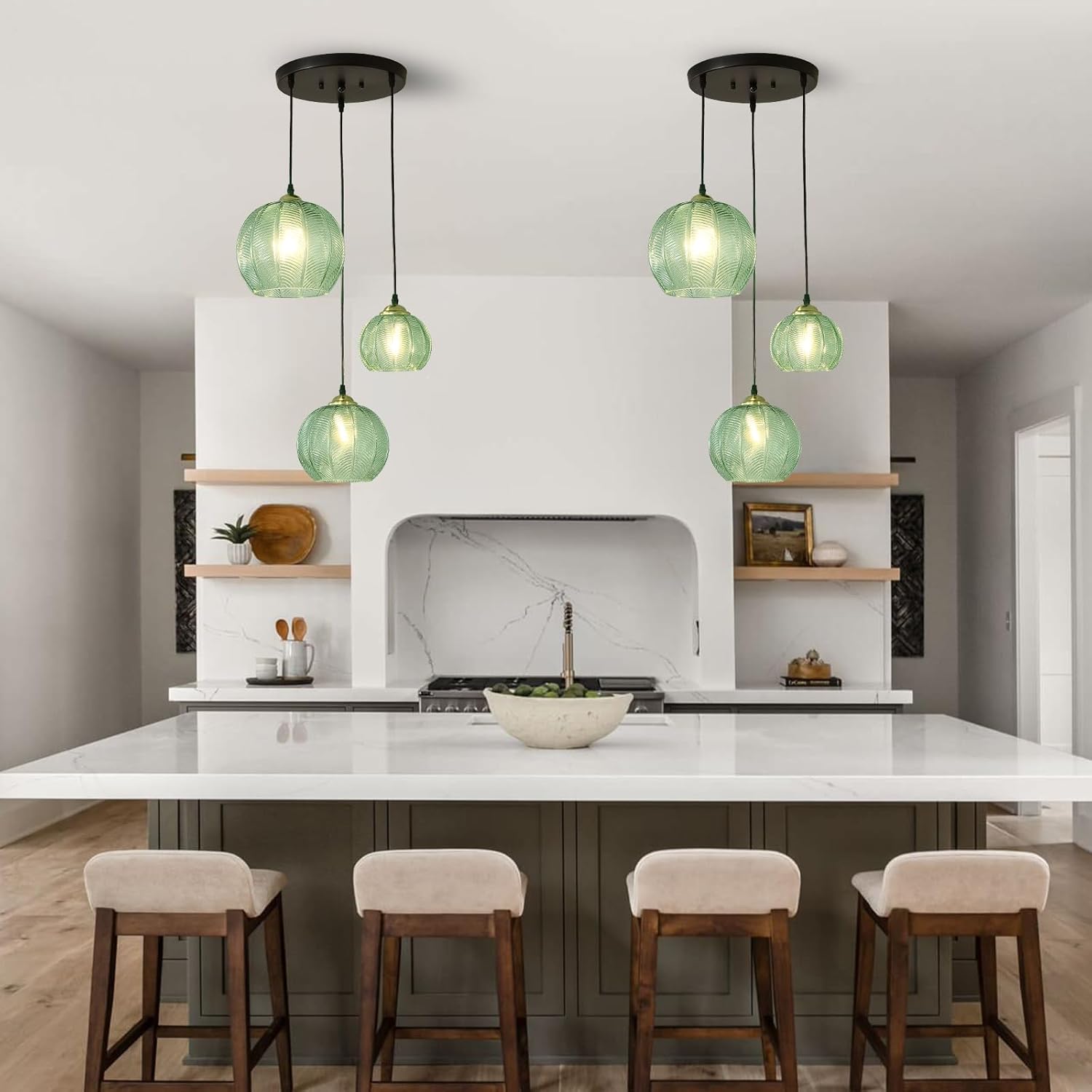 3-Light Glass Globe Pendant Light Kitchen Island, Mid-Century Modern Pendant Ball Chandelier with Green Ribbed, Vintage Hanging Ceiling Light Fixture for Dining Room, Over Sink, Table - Image 5