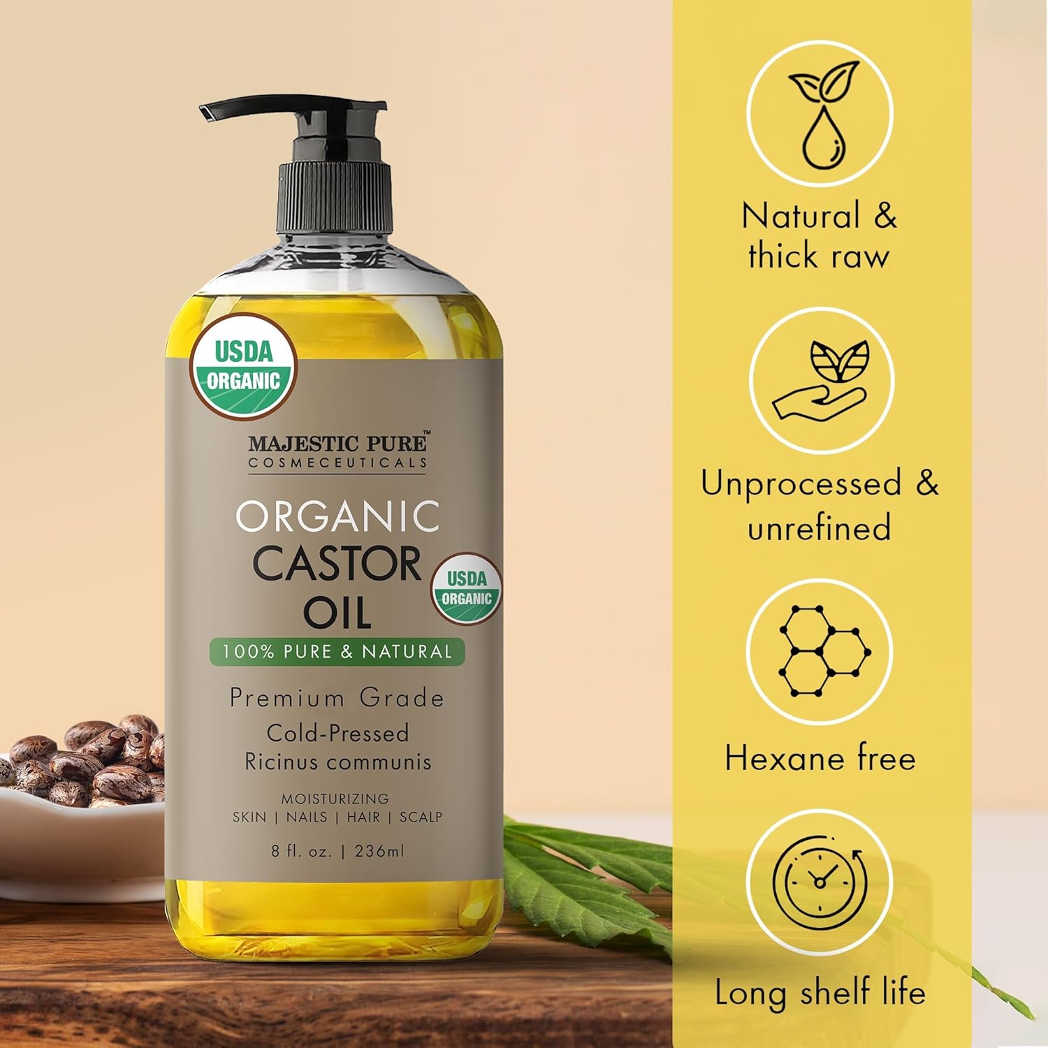 Majestic Pure USDA Organic Castor Oil - 100% Pure & Natural - Premium Grade, Cold Pressed, Hexane Free - Hair, Eyelashes, Eyebrows, Nails - Moisturizing & Nourishing - 8 Fl Oz - Image 4