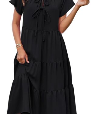 GRACE KARIN Womens Summer Dresses 2025 Casual Tie Front Midi Maternity Dress Short Sleeve Loose Flowy Pleated Beach Sundress