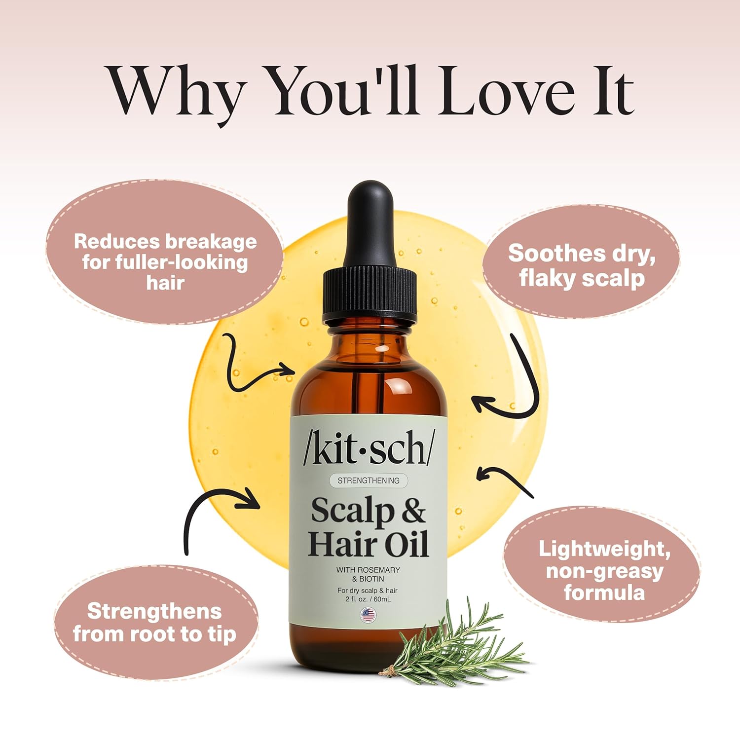 Kitsch Rosemary Oil Pre-Wash Strengthening Hair Oil with Castor, Biotin, Jojoba, Lavender Scent, 60ml - Image 3