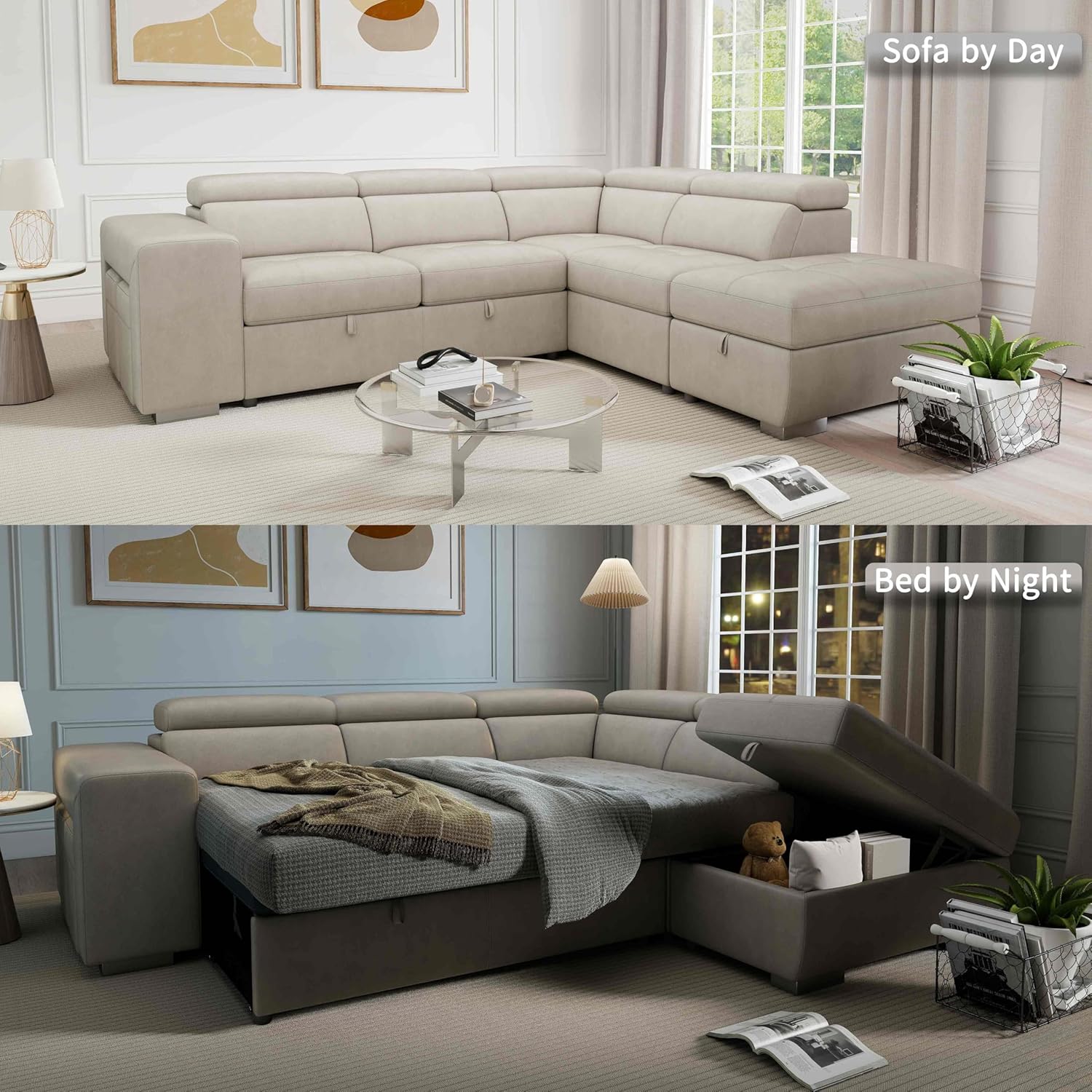 THSUPER 104'' Microfiber L Shaped Sectional Sleeper Sofa Couch with Pull Out Bed and Storage Ottoman, Convertible Couches with Adjustable Headrest... - Image 5