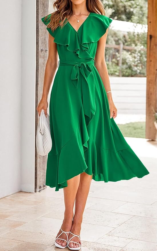 PRETTYGARDEN Women's 2025 Summer Cross Midi Dress Casual Boho Deep V Neck Short Sleeve Ruffle Hem Split Beach Long Dresses - Image 6