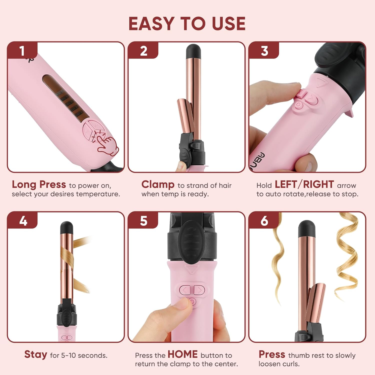 ABNER Rotating Curling Iron Set, Automatic Curling Wand for Long Hair, Easy to Use Hair Curler Get Effortless Beach Waves, 3 Sizes Ceramic Barrel 0.75" 1" 1.25" to 430°F with Home Button, Dual Voltage - Image 2