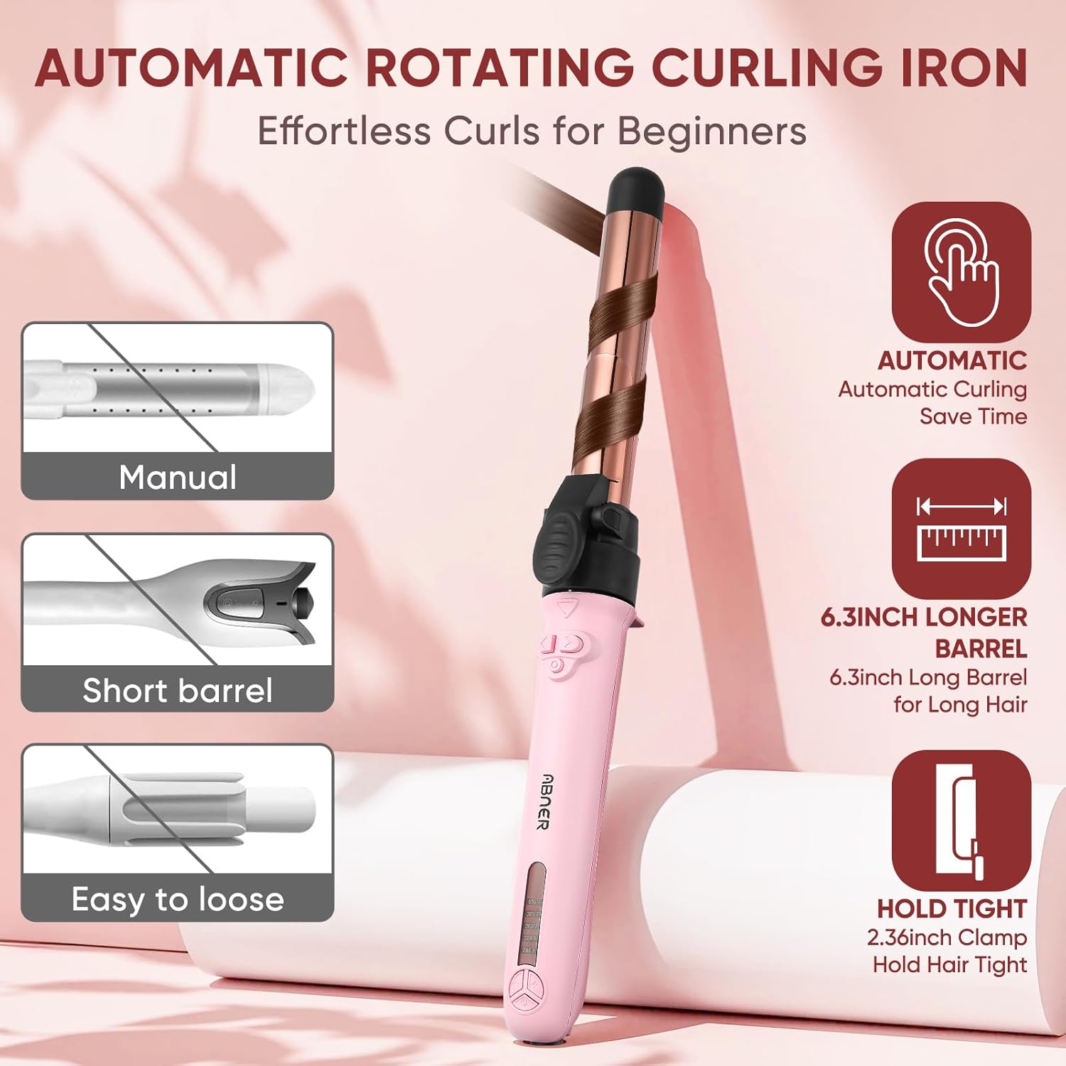 ABNER Rotating Curling Iron Set, Automatic Curling Wand for Long Hair, Easy to Use Hair Curler Get Effortless Beach Waves, 3 Sizes Ceramic Barrel 0.75" 1" 1.25" to 430°F with Home Button, Dual Voltage - Image 4
