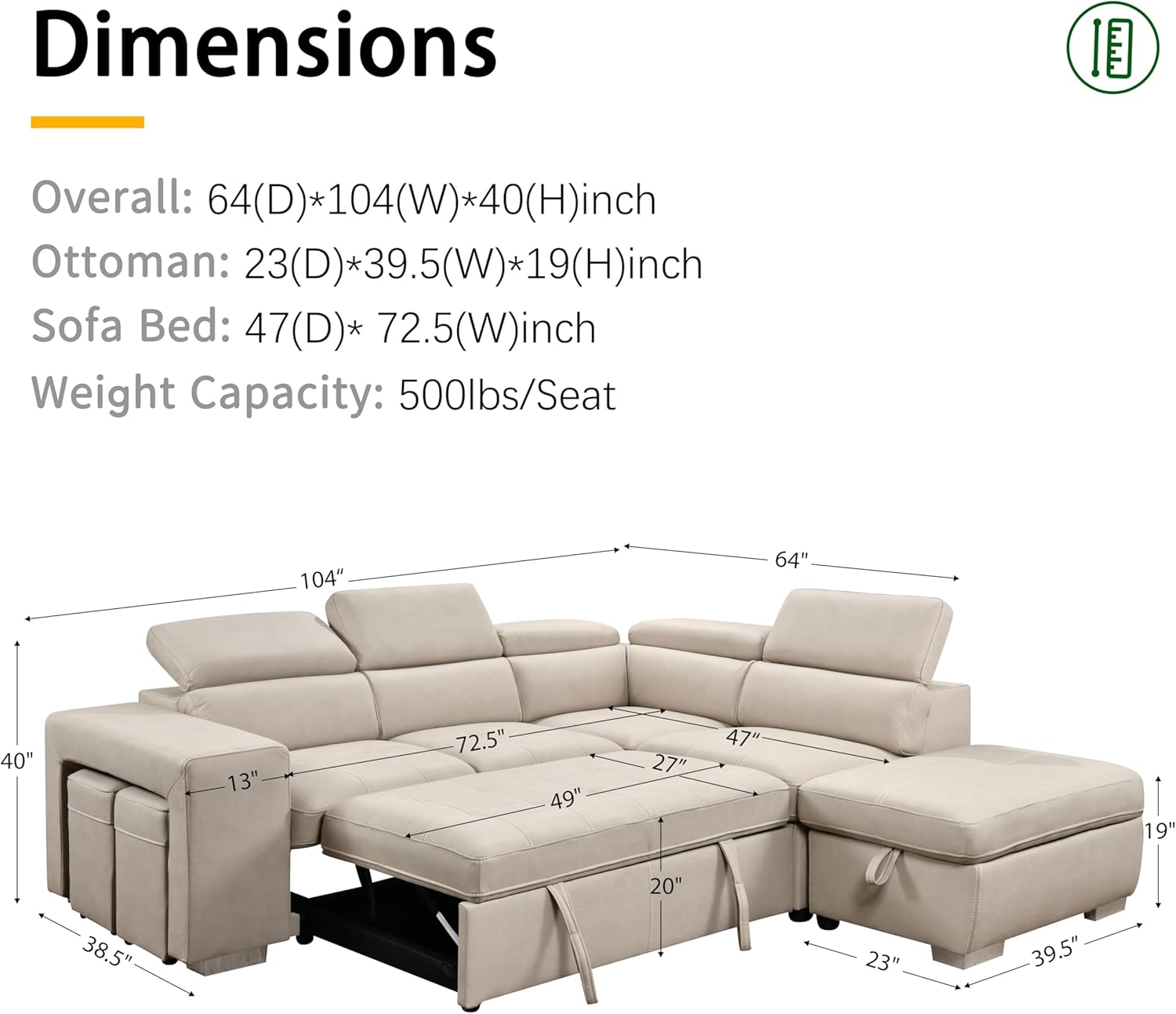 THSUPER 104'' Microfiber L Shaped Sectional Sleeper Sofa Couch with Pull Out Bed and Storage Ottoman, Convertible Couches with Adjustable Headrest... - Image 8