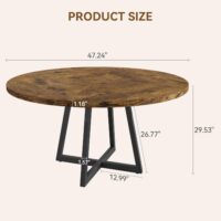Round Dining Table, 47 Inch Round Dinner Table for 4, Industrial Kitchen Table with Wooden Top and Metal Base for Home Dining Room or Living Room - Rustic Brown(Only Table) - Image 2