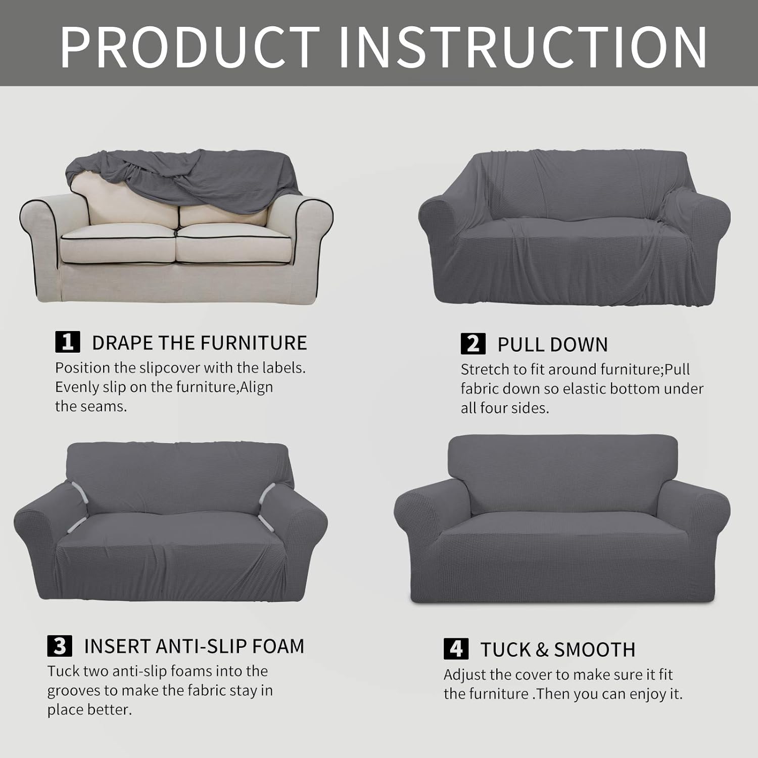 Easy-Going Stretch 4 Seater Sofa Slipcover 1-Piece Sofa Cover Furniture Protector Couch Soft with Elastic Bottom for Kids, Polyester Spandex Jacquard Fabric Small Checks Gray - Image 3