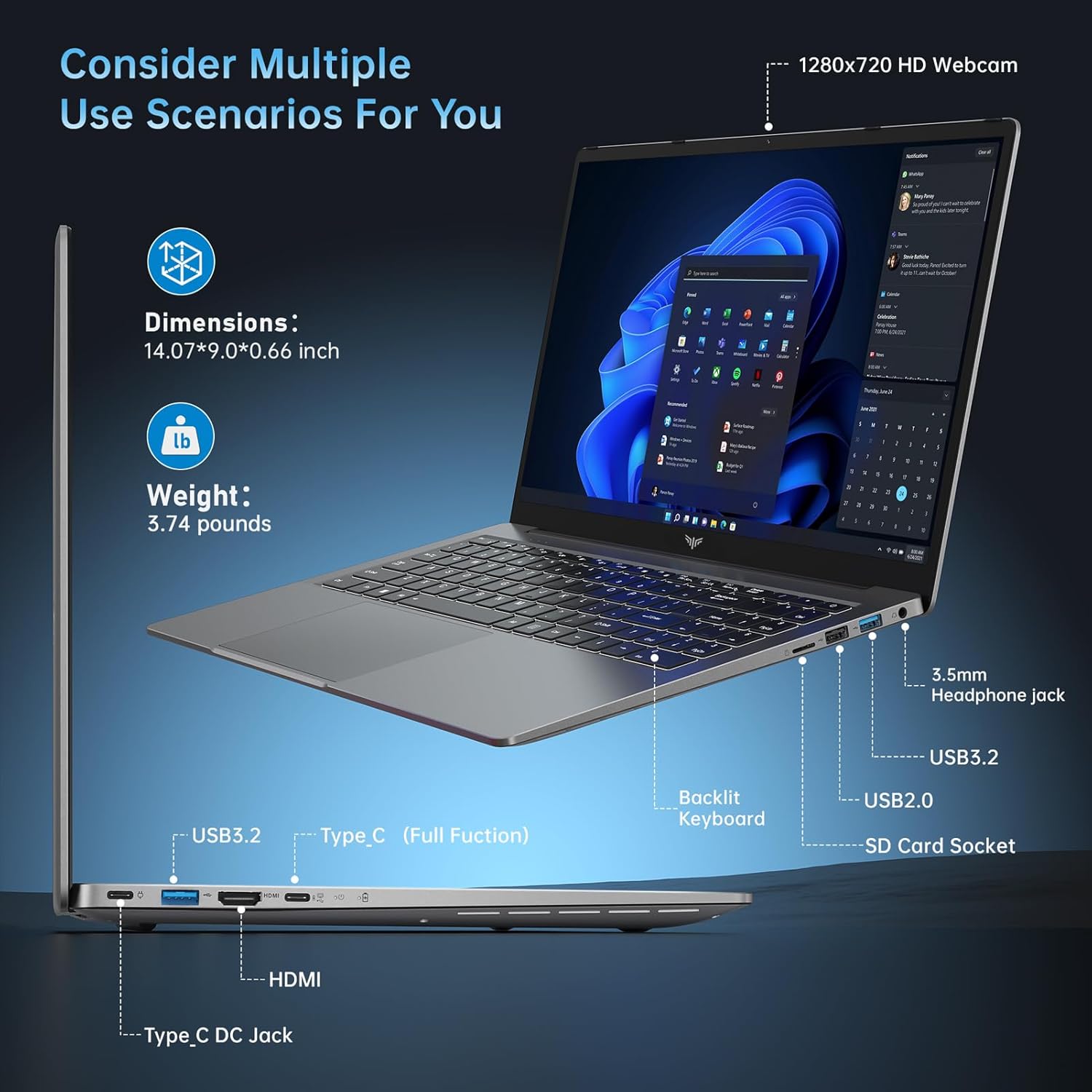 ACEMAGIC 2024 Laptop, 16.1-inch FHD Display Laptop with AMD Ryzen 7 5700U Processor(8C/16T), 16GB RAM 512GB ROM Laptop Computer, Support WiFi 6, 53Wh Battery, with Backlit Keyboard - Image 5