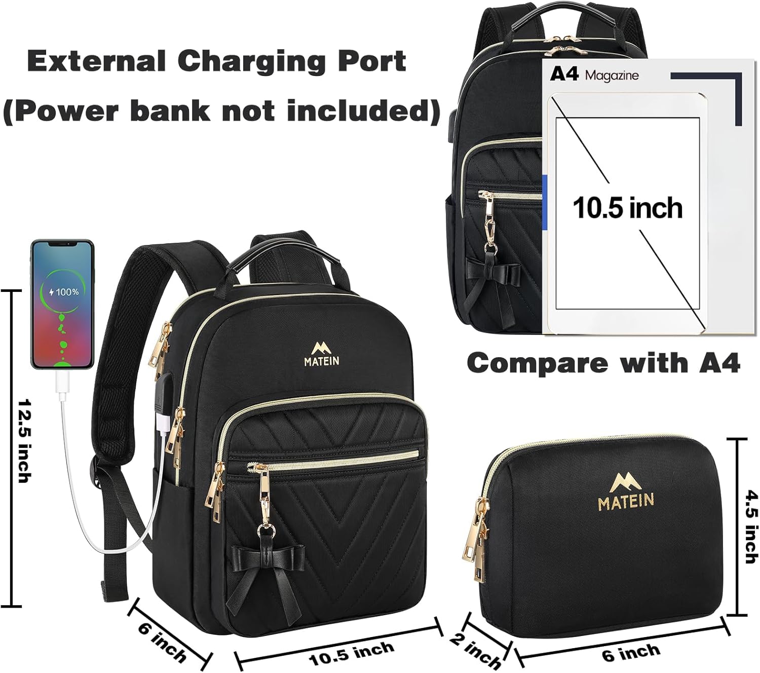 MATEIN Mini Backpack for Women, Waterproof Stylish Daypack Purse Shoulder Bag with USB Charging Port, Lightweight Small Casual Daily Travel Backpack, Lady Girls Gifts for Work School, 2pcs Sets, Black - Image 5