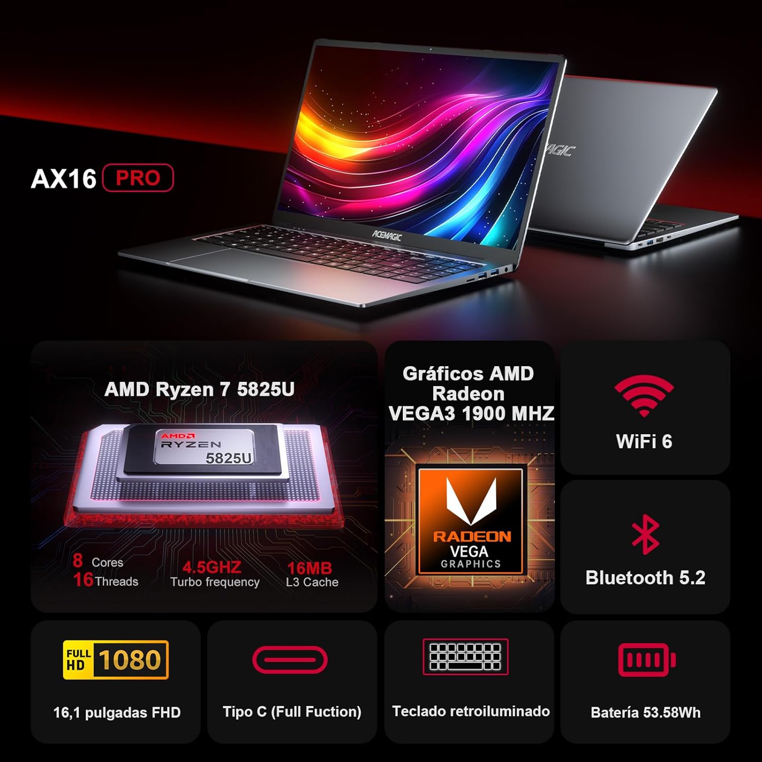 ACEMAGIC 2024 Laptop, 16.1-inch FHD Display Laptop with AMD Ryzen 7 5825U Processor(8C/16T) with Backlit Keyboard,16GB DDR4 512GB M.2 2280 NVMe SSD Laptop Computer,Type-C USB3.2 - Image 2