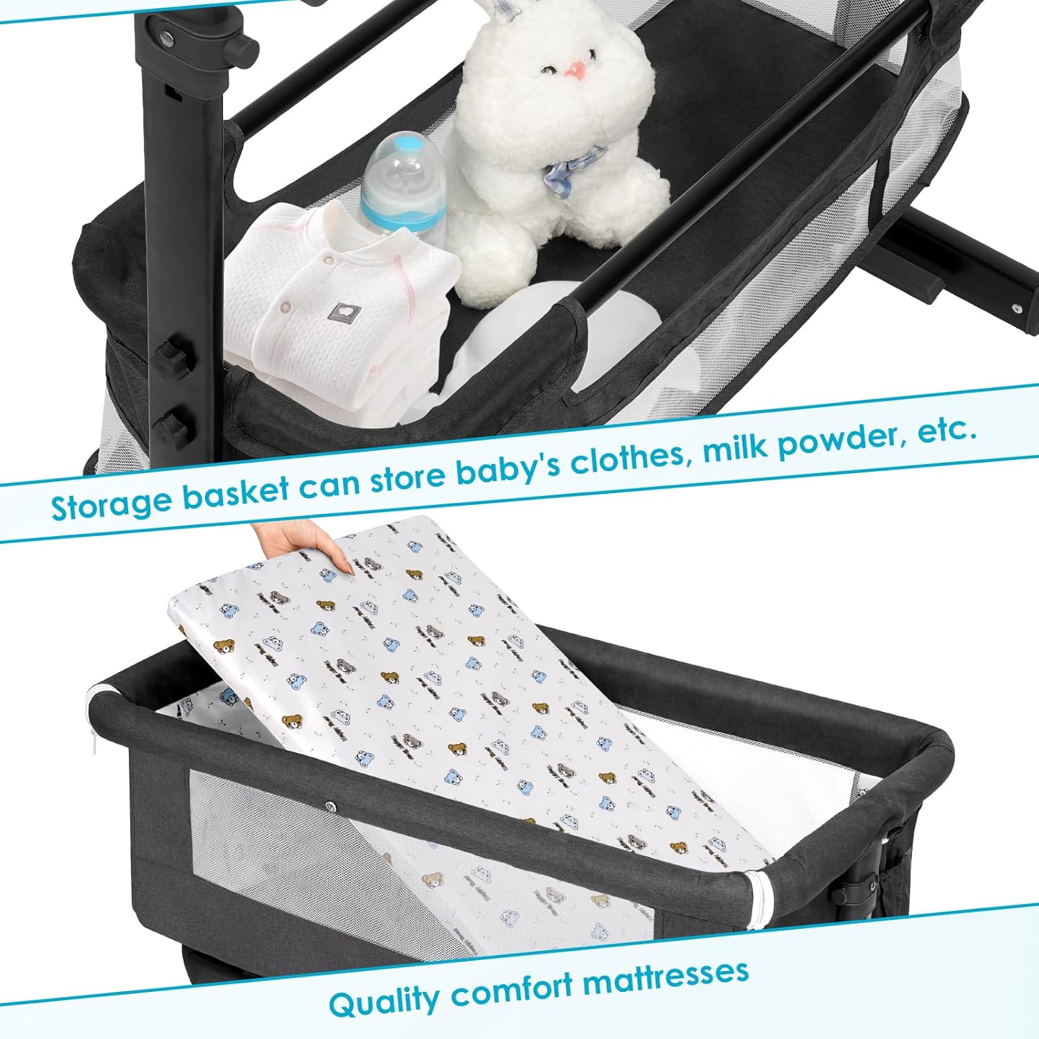 Baby Bassinet, Baby Basinet Bedside Sleeper, Easy to Fold Portable Crib Side Bassinet 2025new Style Girl/boy bassinets (Dark Gray) - Image 4