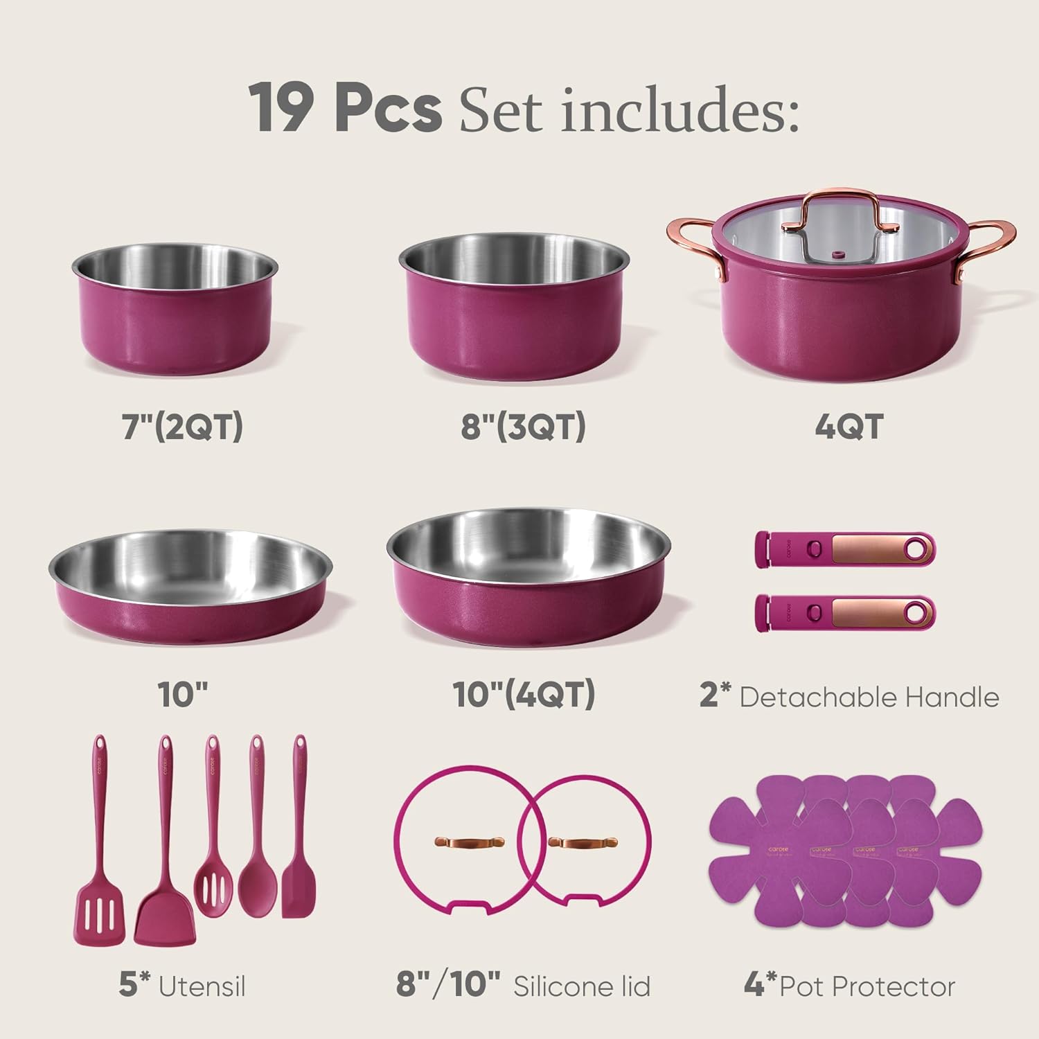 CAROTE 19pcs Tri-Ply Stainless Steel Cookware Set with Detachable Handle, Pots and Pans Set, Induction Kitchen Cooking Sets, RV/Camping Cookware, Outer Ceramic Layer, Oven Safe, Violet Purple - Image 7