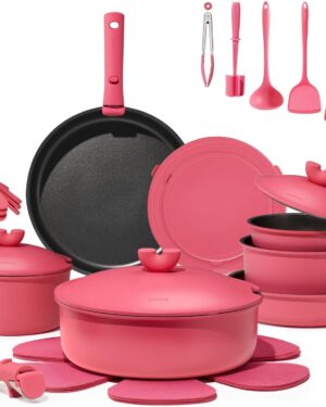 CAROTE 27pcs Pots and Pans Set Non Stick, Nonstick Cookware Set, Oven/Dishwasher/Fridge Safe Pots and Pans, RV Safe Cookware, Induction Kitchen Gift Set Detachable Handle, Pink