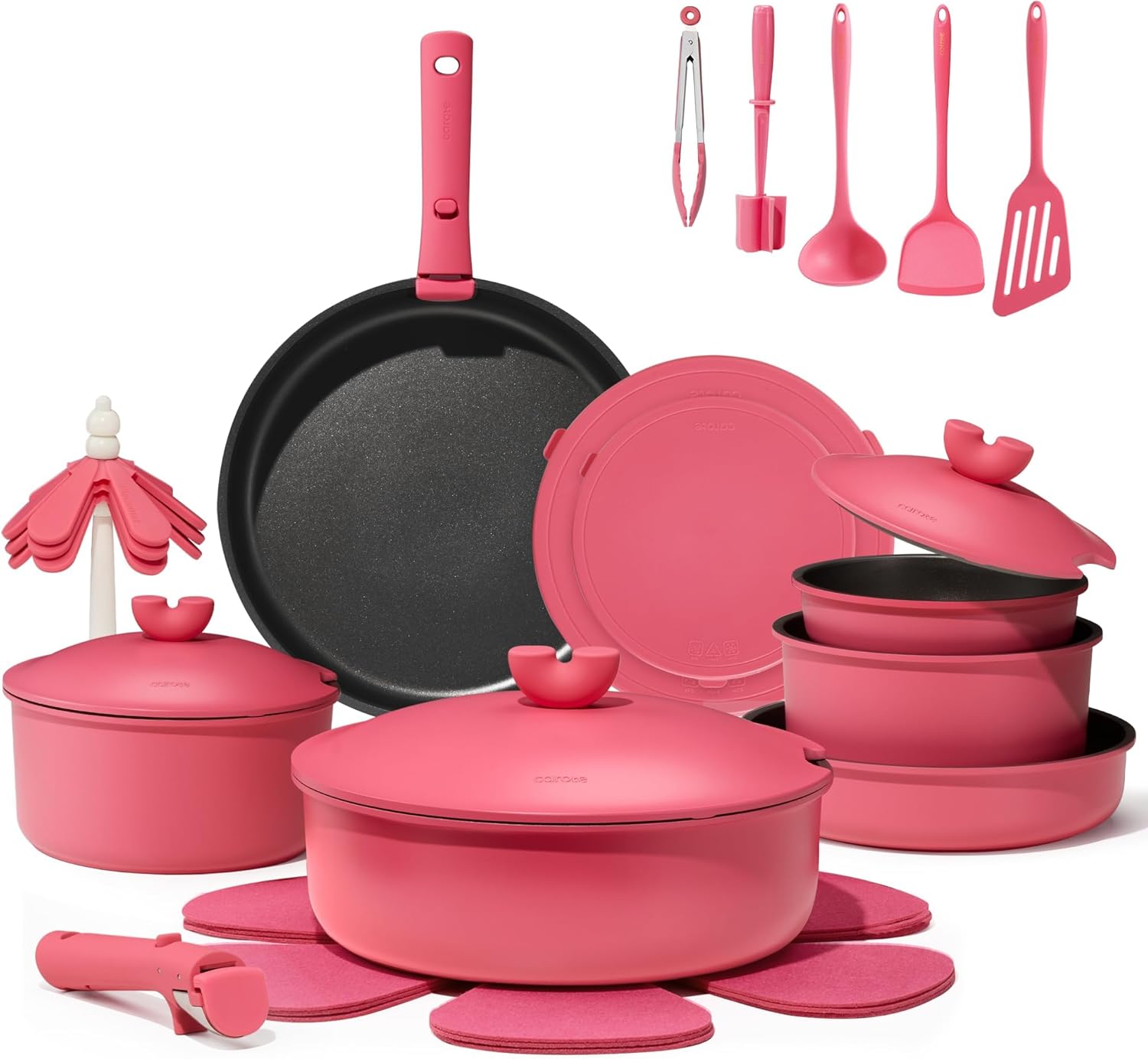 CAROTE 27pcs Pots and Pans Set Non Stick, Nonstick Cookware Set, Oven/Dishwasher/Fridge Safe Pots and Pans, RV Safe Cookware, Induction Kitchen Gift Set Detachable Handle, Pink