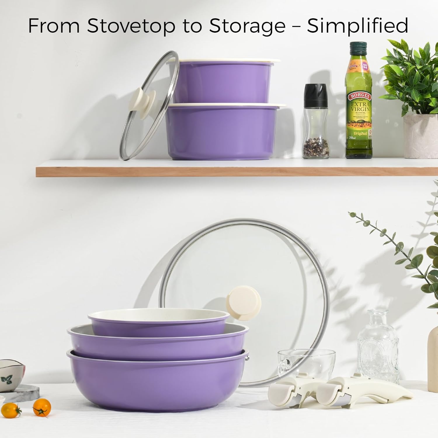 15Pcs Pots and Pans Set Non Stick, Cookware Sets with Detachable Handle, Nonstick RV Kitchen Cooking Tools Removable Handles, Oven Safe, Induction Fast, Stackable Induction Cookware, Purple - Image 4