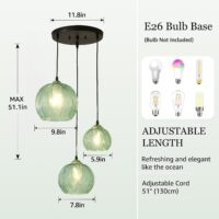 3-Light Glass Globe Pendant Light Kitchen Island, Mid-Century Modern Pendant Ball Chandelier with Green Ribbed, Vintage Hanging Ceiling Light Fixture for Dining Room, Over Sink, Table - Image 4