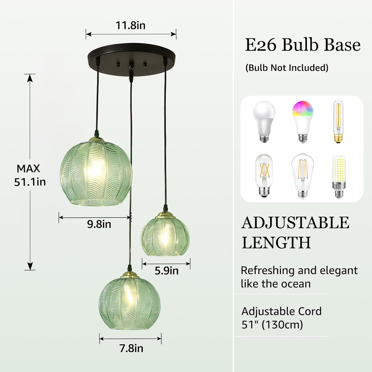 3-Light Glass Globe Pendant Light Kitchen Island, Mid-Century Modern Pendant Ball Chandelier with Green Ribbed, Vintage Hanging Ceiling Light Fixture for Dining Room, Over Sink, Table - Image 4