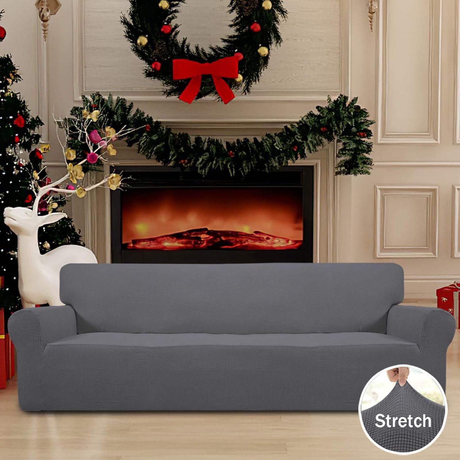 Easy-Going Stretch 4 Seater Sofa Slipcover 1-Piece Sofa Cover Furniture Protector Couch Soft with Elastic Bottom for Kids, Polyester Spandex Jacquard Fabric Small Checks Gray - Image 6