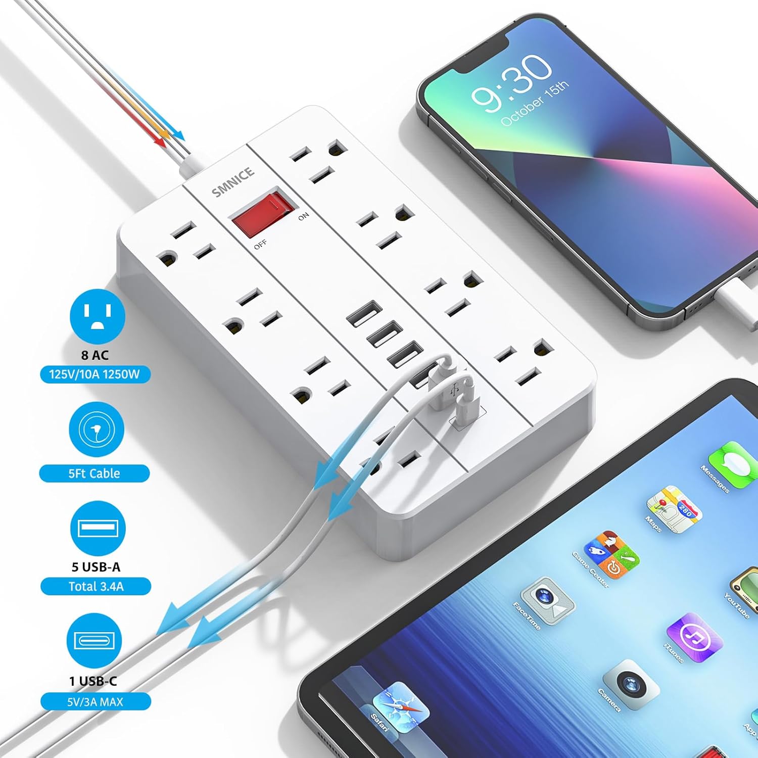 Power Strip with USB,Surge Protector Flat Plug with 8 Widely Spaced Outlets and 6 USB Ports(1 USB C), 5ft Extension Cord Wall Mountable Phone Tablet Laptop Computer Multiple Devices - Image 5