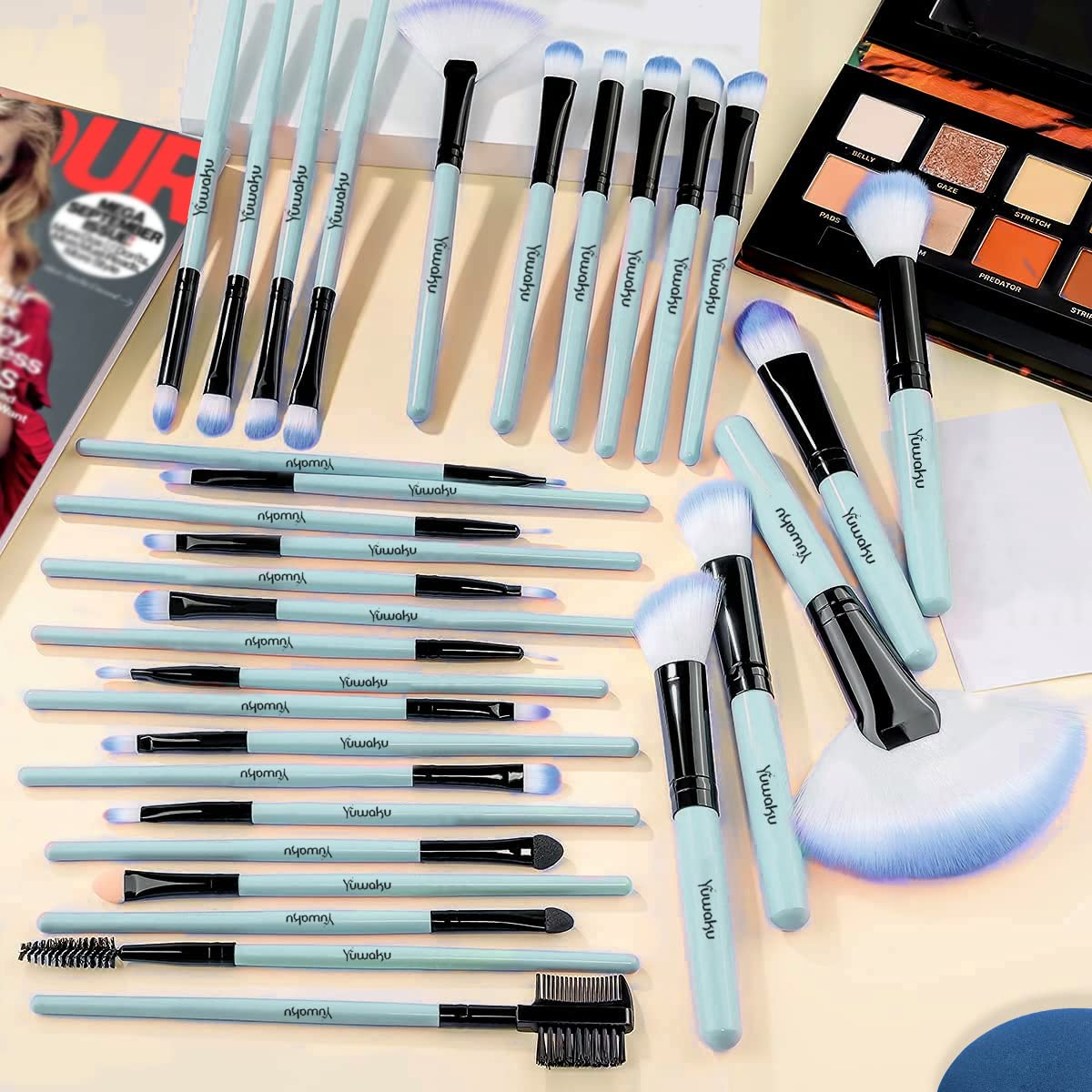 Makeup Brushes Set, 32pcs Blue Premium Cosmetic Make Up Brushes Foundation Blending Blush Concealer Shader Eyeshadow Eyeliner Compatible withTravel Makeup Bag - Image 4