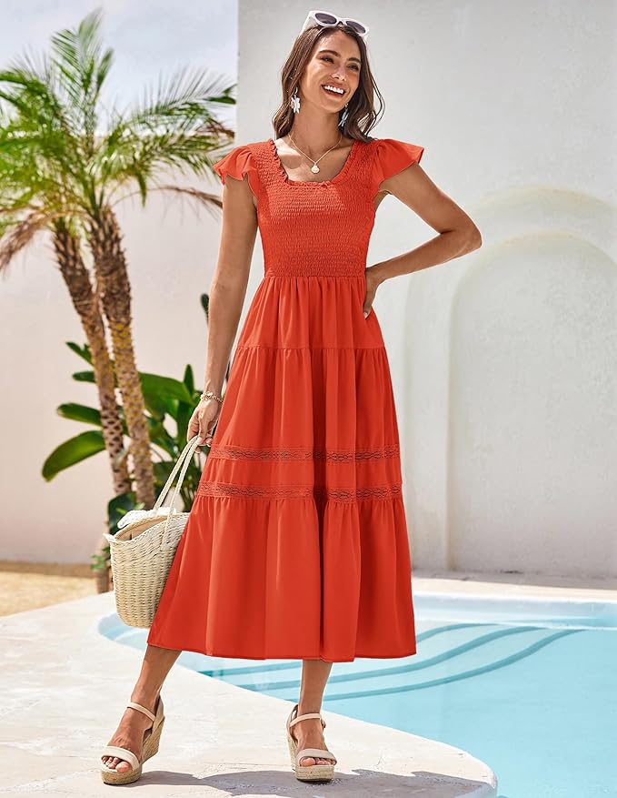 GRACE KARIN Womens Summer Dress Casual 2025 Flutter Sleeve Square Neck Smocked Boho Beach Dresses Tiered Midi Long Sundress - Image 2
