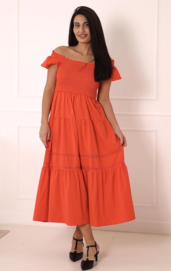 GRACE KARIN Womens Summer Dress Casual 2025 Flutter Sleeve Square Neck Smocked Boho Beach Dresses Tiered Midi Long Sundress - Image 4