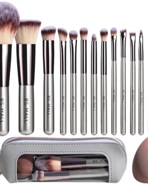 BS-MALL Makeup Brushes Set 14 Pcs with 1 Pcs Makeup Sponge – Essential Foundation Powder Concealers, Eye Shadows, Blush Makeup Brushes with Travel Makeup Case (Champagne)
