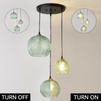 3-Light Glass Globe Pendant Light Kitchen Island, Mid-Century Modern Pendant Ball Chandelier with Green Ribbed, Vintage Hanging Ceiling Light Fixture for Dining Room, Over Sink, Table - Image 2