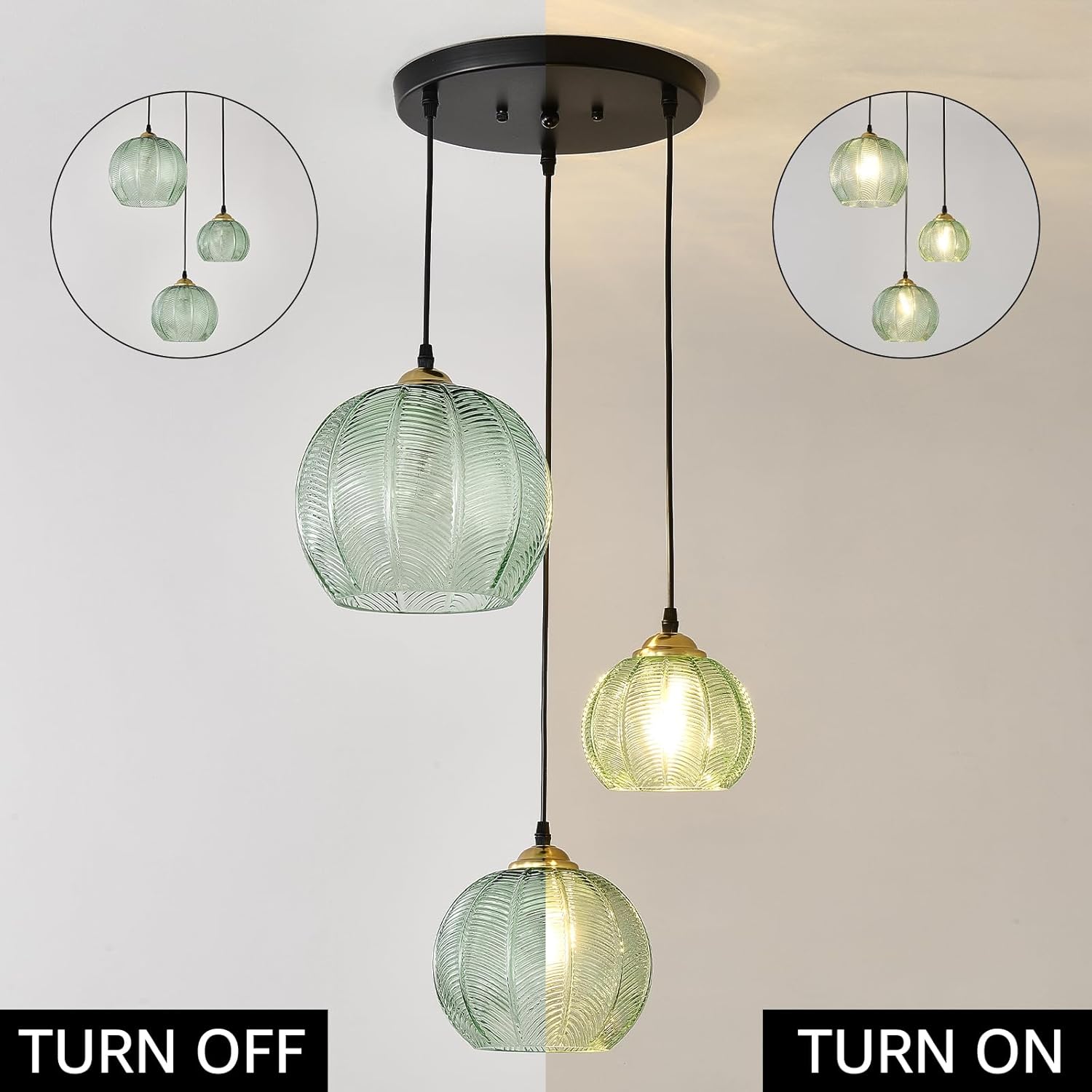 3-Light Glass Globe Pendant Light Kitchen Island, Mid-Century Modern Pendant Ball Chandelier with Green Ribbed, Vintage Hanging Ceiling Light Fixture for Dining Room, Over Sink, Table - Image 2
