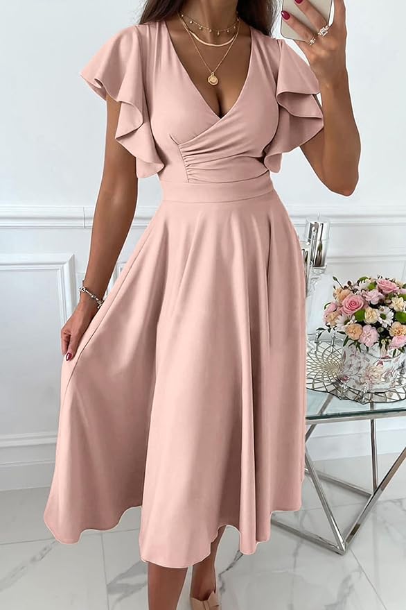 PRETTYGARDEN Summer Midi Dress 2025 Elegant Classy Ruffle Sleeve V Neck Cocktail Wedding Guest Spring Fit and Flared Dresses - Image 3