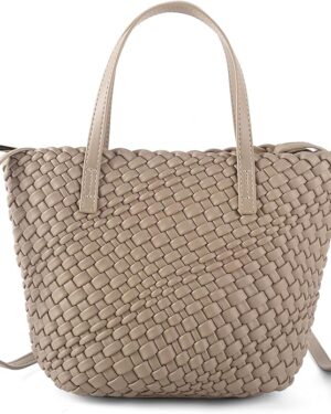 Woven Bags for Women Tote Hobo Shoulder Crossbody Bags PU Leather Handwoven Purse Summer Beach Travel Handbag (Khaki)