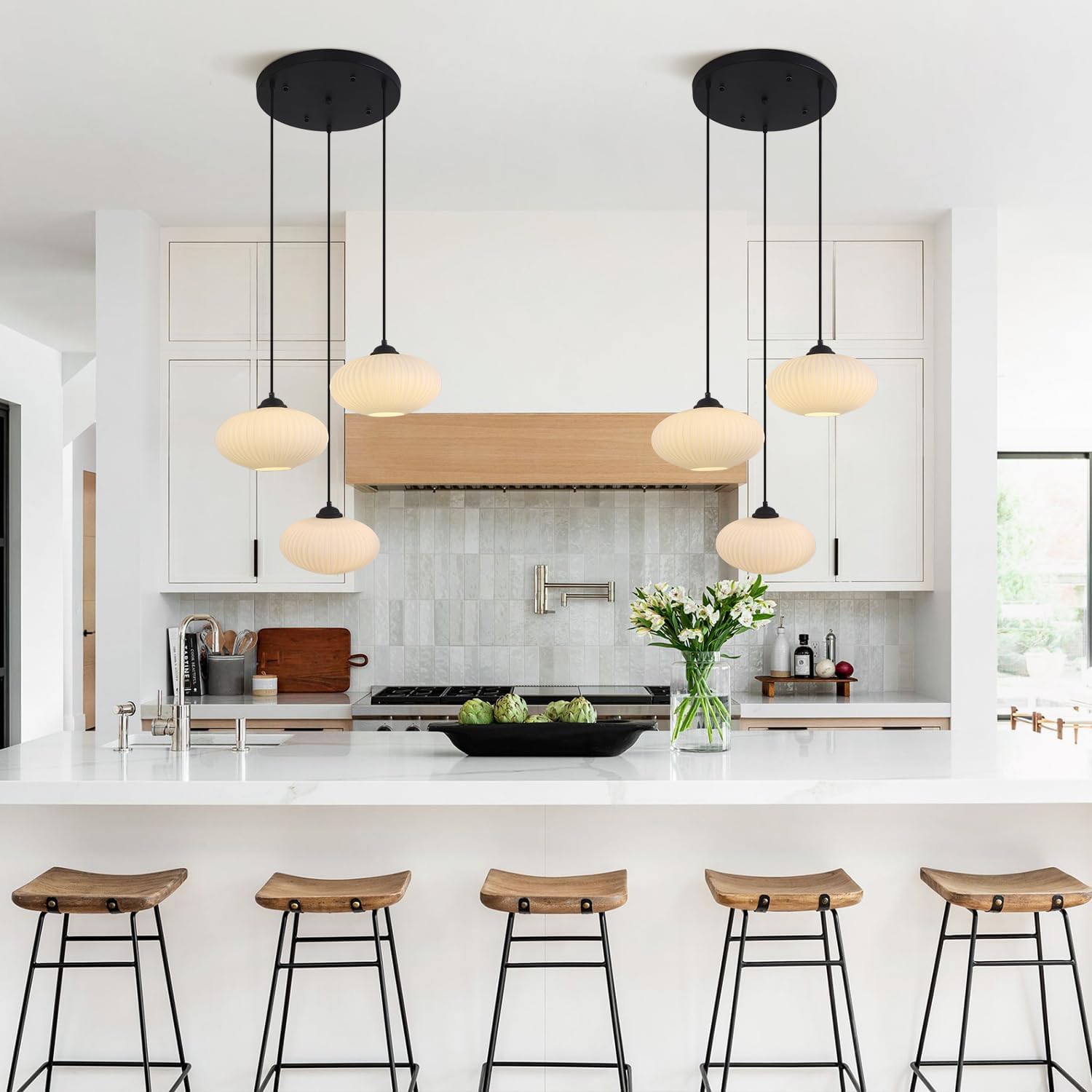 KCO Lighting 3-Light Cluster Pendant Hanging Lights Black Globe Chandelier Light Fixture Large Milk Glass Cluster Pendant Lights Mid Century Modern Multi Light Pendant Lighting Kitchen Island - Image 3