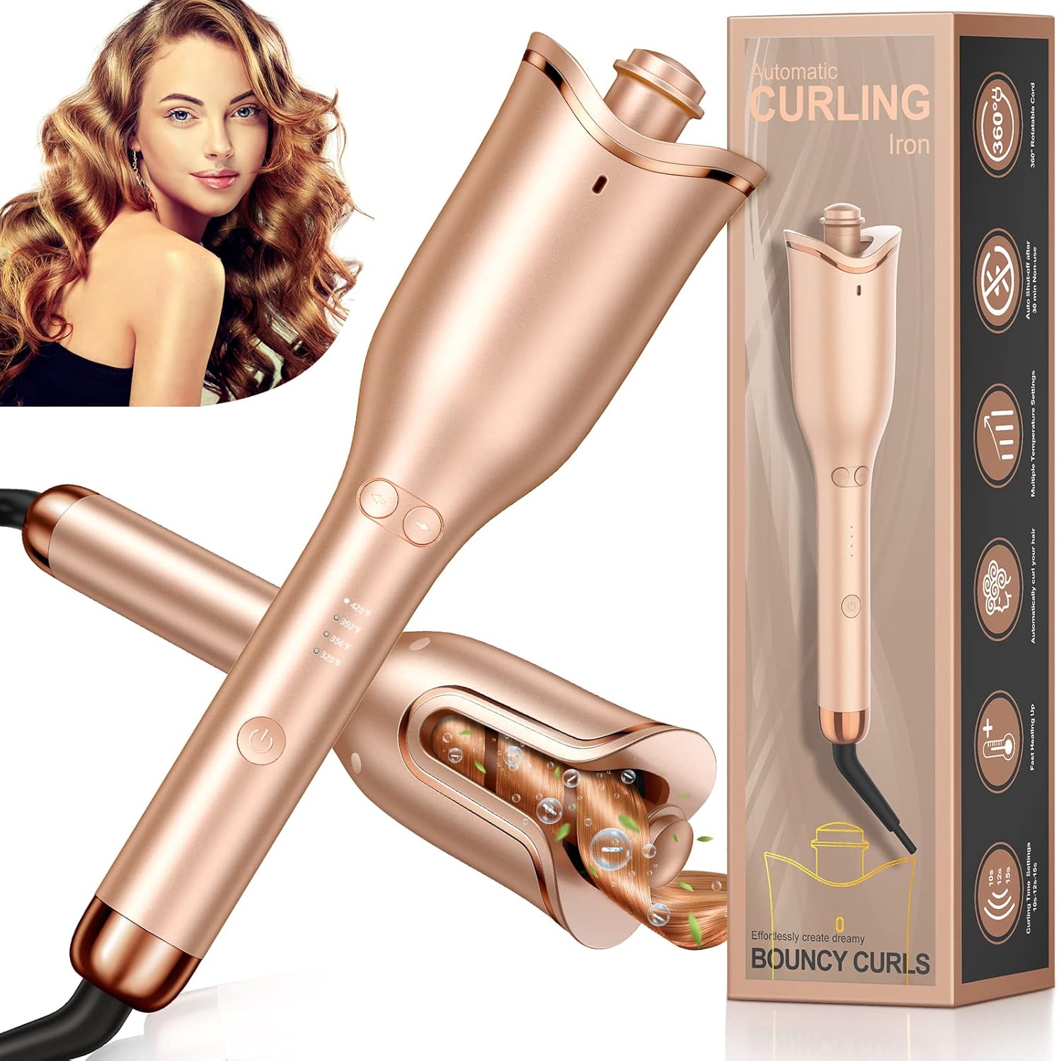 Automatic Curling Iron, Professional Automatic Hair Curler with 1" Curling Wand Large Slot & 4 Temperature & 3 Timer, Dual Voltage Anti-Tangle Rotating Curling Iron with Auto Shut-Off for Hair Styling - Image 3