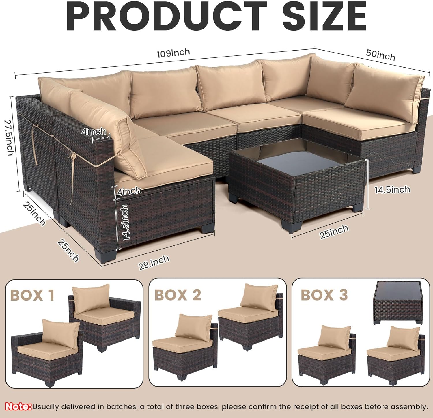 LEVELEVE 7 Pieces Outdoor Patio Furniture Sets,Rattan Conversation Sectional Set,Manual Weaving Wicker Patio Sofa with Tea Table - Image 2