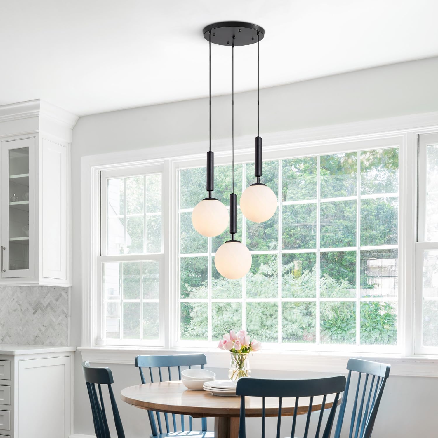 KCO Lighting 3 Light Globe Cluster Pendant Light Modern Large Milk Glass Chandelier Mid Century Black Cluster Chandelier Pendant Lighting Vintage Multi Light Hanging Ceiling Fixture - Image 4