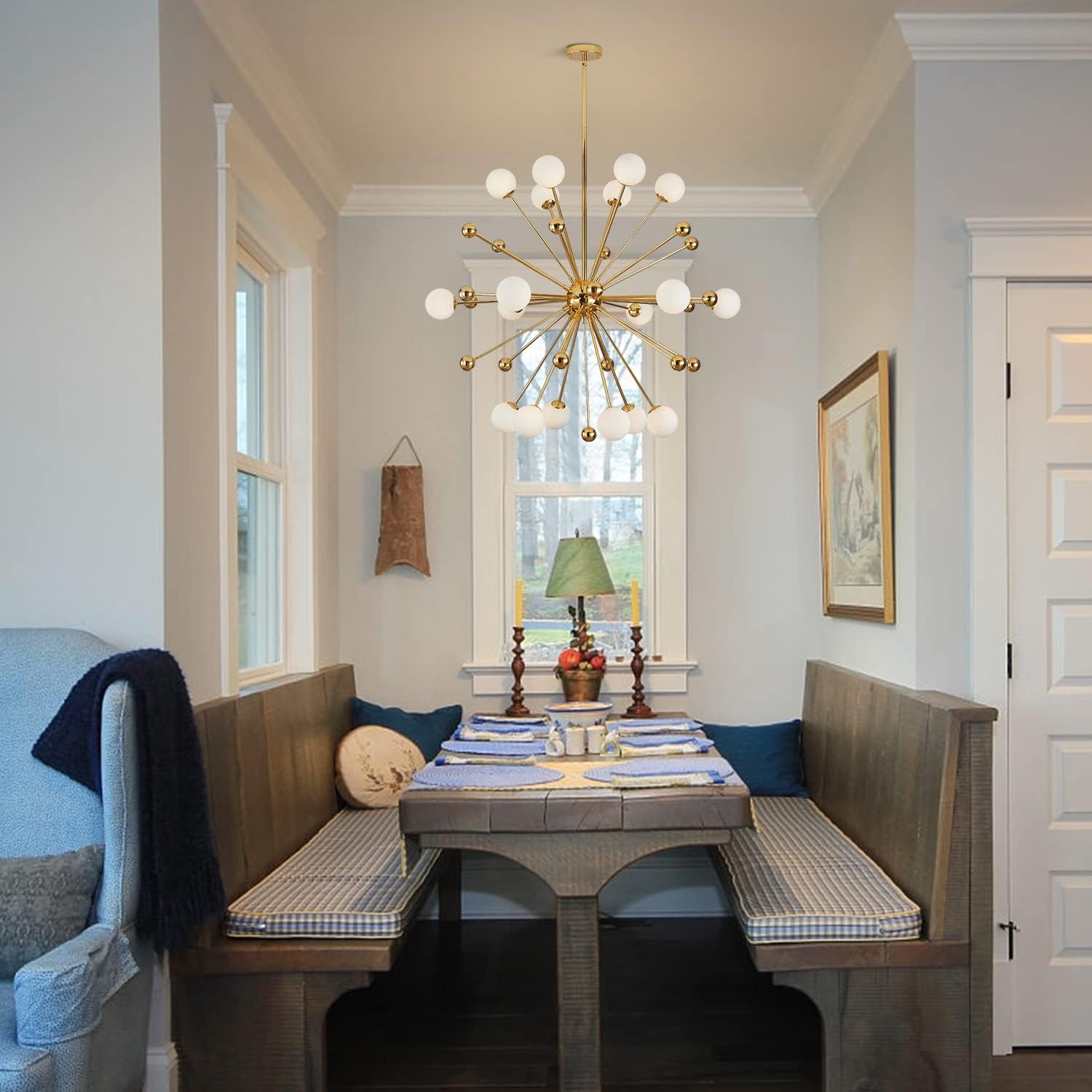 KCO Lighting Modern Gold Globe Sputnik Chandelier 18-Light Milk Glass Ball Round Pendant Lighting Mid Century Contemporary Starburst Chandelier Kitchen Island Dining Lights Fixture (18-Light) - Image 2