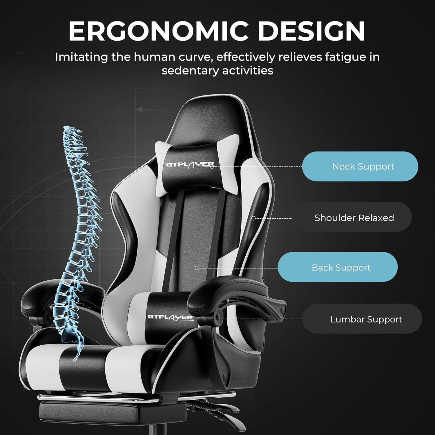 GTPLAYER Gaming Chair, Computer Chair with Footrest and Lumbar Support, Height Adjustable Game Chair with 360°-Swivel Seat and Headrest and for Office or Gaming (Pearl White) - Image 2