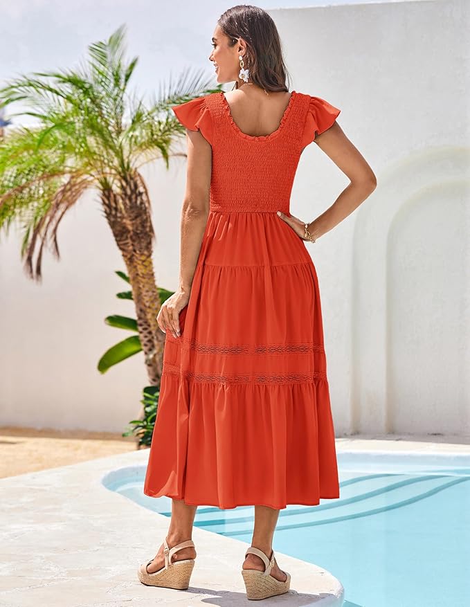 GRACE KARIN Womens Summer Dress Casual 2025 Flutter Sleeve Square Neck Smocked Boho Beach Dresses Tiered Midi Long Sundress - Image 5