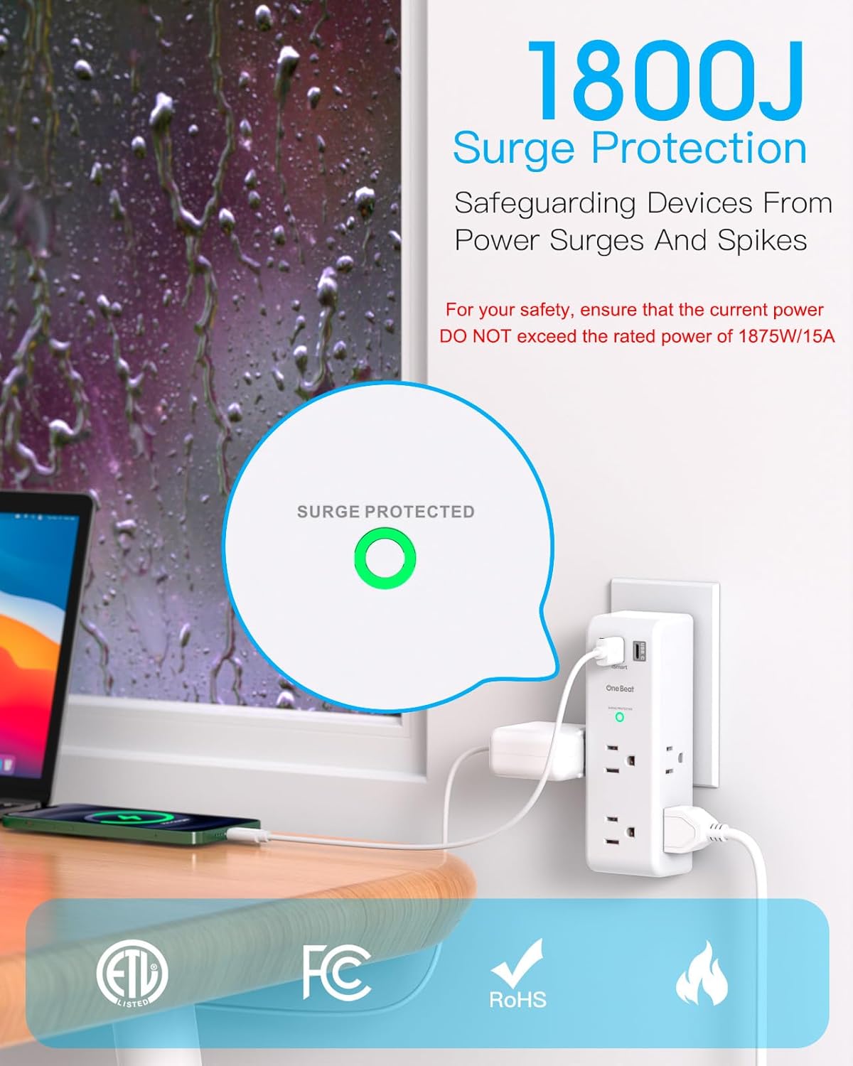 Surge Protector Outlet Extender with Rotating Plug - One Beat 6 AC Multi Plug Outlet with 3 USB Ports (1 USB C), 1800J Wall Charger, 3-Sided Power Strip Spaced Outlet Splitter for Home Office Travel - Image 4