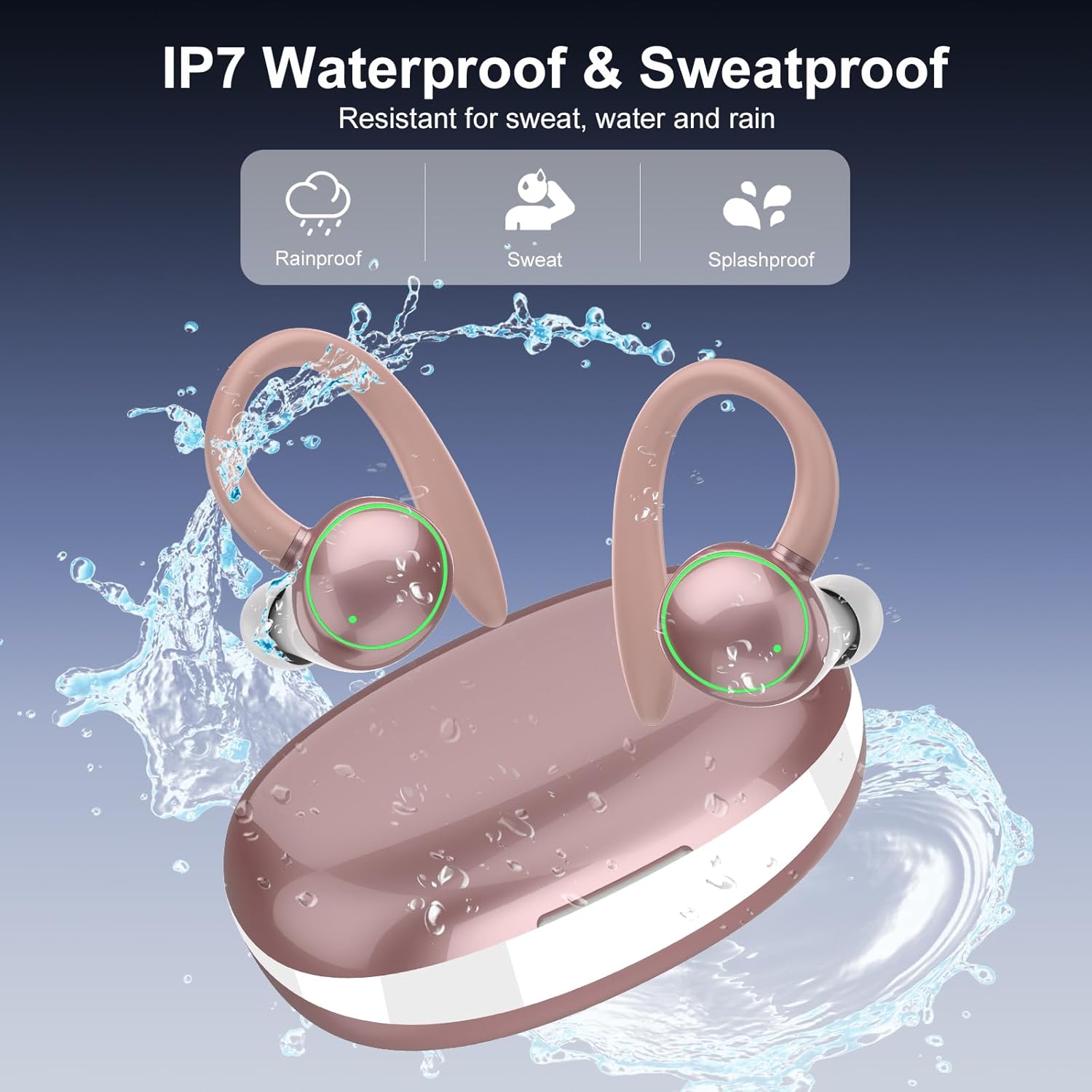 Wireless Earbuds, Bluetooth 5.3 Headphones Sport, Over Ear Buds With ENC Noise Cancelling Mic, 48H, Wireless Earphone With Earhooks, Deep Bass, IP7 Waterproof Headset for Workout Running, Rose Gold - Image 2