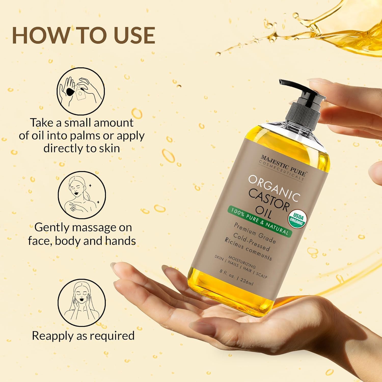 Majestic Pure USDA Organic Castor Oil - 100% Pure & Natural - Premium Grade, Cold Pressed, Hexane Free - Hair, Eyelashes, Eyebrows, Nails - Moisturizing & Nourishing - 8 Fl Oz - Image 9