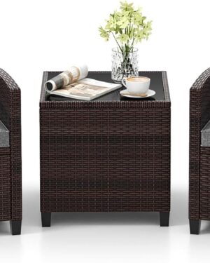 Tangkula 3 Pieces Patio Furniture Set, PE Rattan Wicker 3 Pcs Outdoor Sofa Set w/Washable Cushion and Tempered Glass Tabletop, Conversation Furniture for Garden Poolside Balcony (Grey)