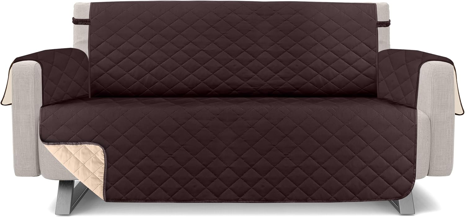 Utopia Bedding Reversible Sofa Couch Cover, Water Resistant Slipcover Furniture Protector with Foam Sticks and Elastic Straps for Kids Dogs Pets (3 Seater, Chocolate/Beige)