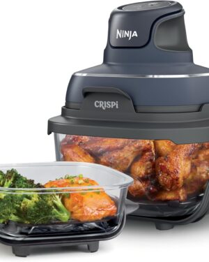 Ninja Crispi 4-in-1 Portable Glass Air Fryer Cooking System, 1500W, 4QT & 6-Cup TempWare Glass Containers with Storage Lids, Microwave, Freezer & Dishwasher Safe, Cyberspace Gray, FN101GY